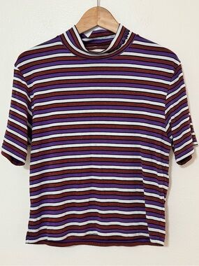 Teddy Fresh Need a Hug Ribbed Mock Neck Striped Tee Purple Burgundy XL